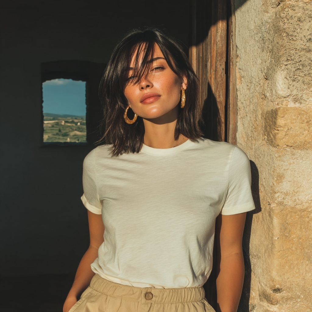 Effortless Style: Young Latina in Sunlit Courtyard