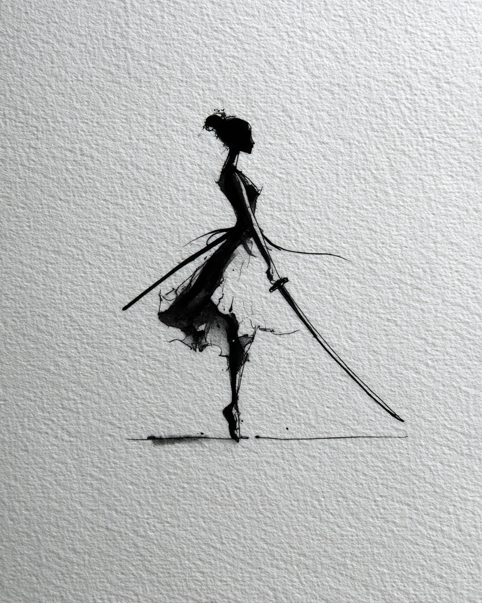 Minimalist Ballerina Ink Drawing with Samurai Sword