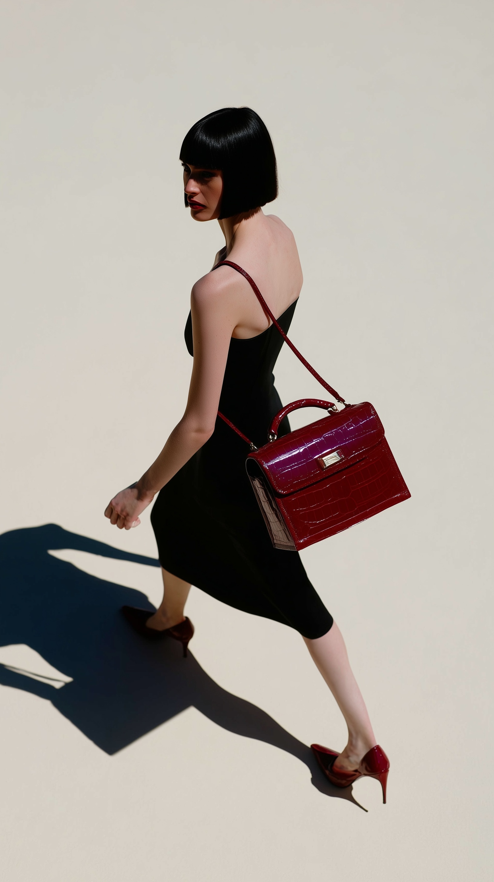 Elegant Fashion: Model in Black Dress & Red Bag