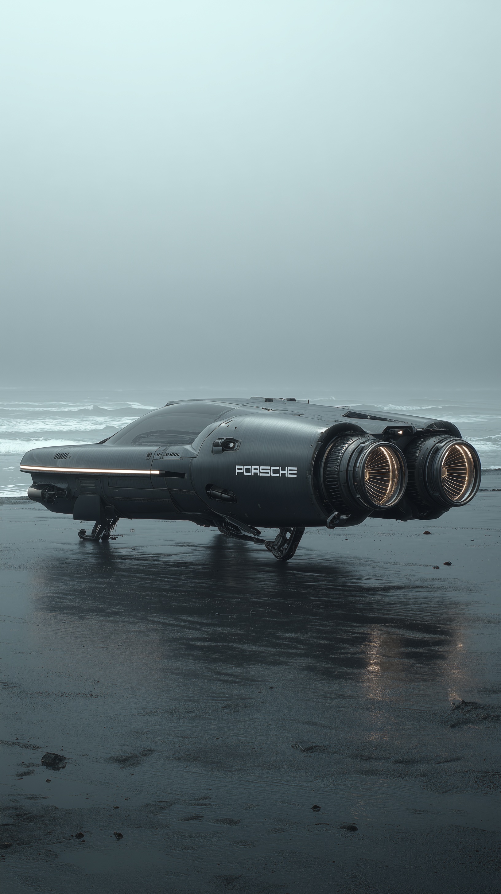 Futuristic Porsche Hover-Car: A Dark Coastal Dream