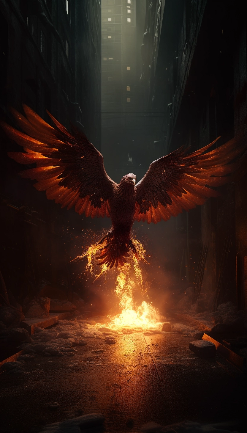 Fiery Phoenix Soars Through Brutalist World