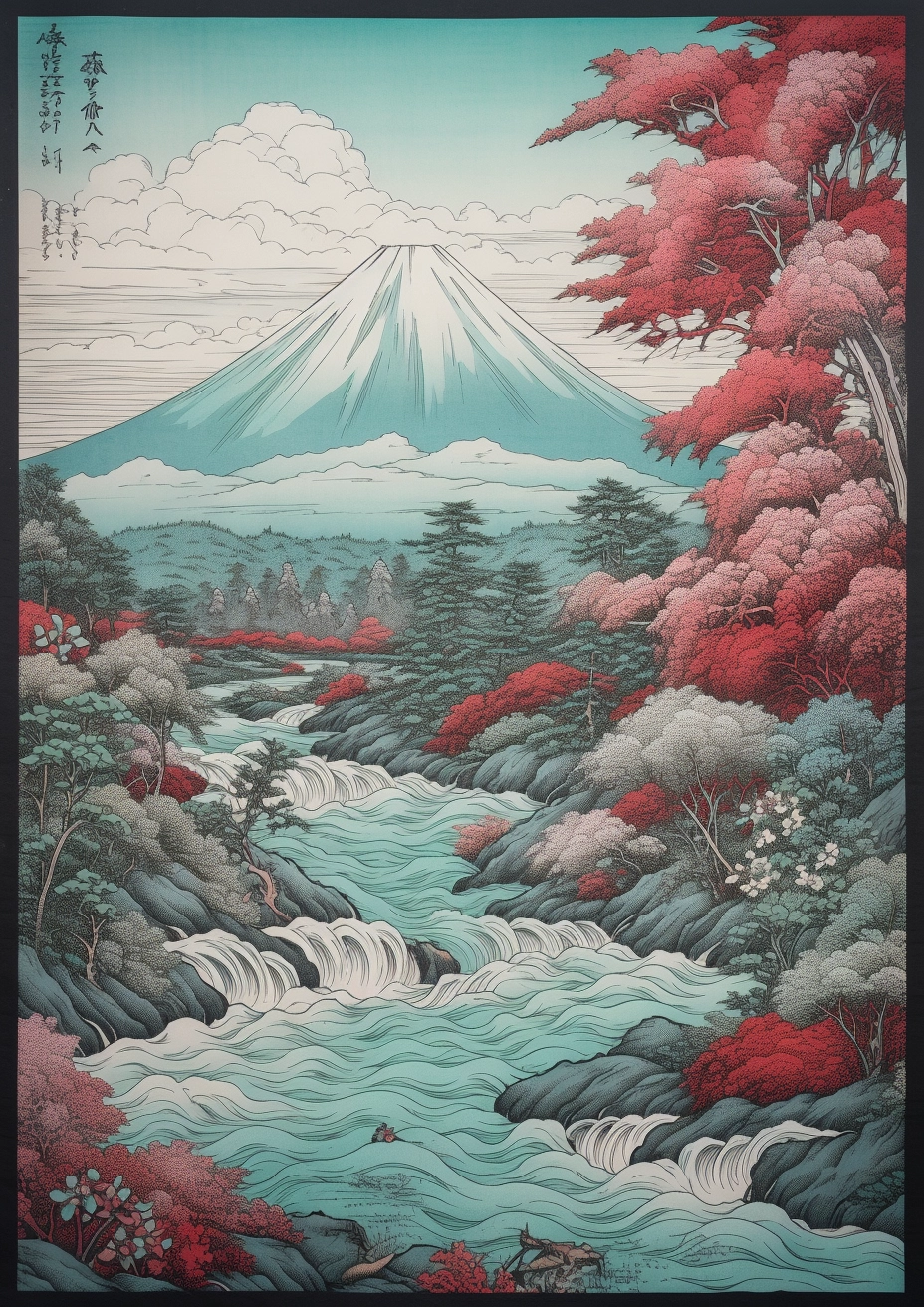 Delicate Flora Depiction of Rural Landscape with Mount Fuji