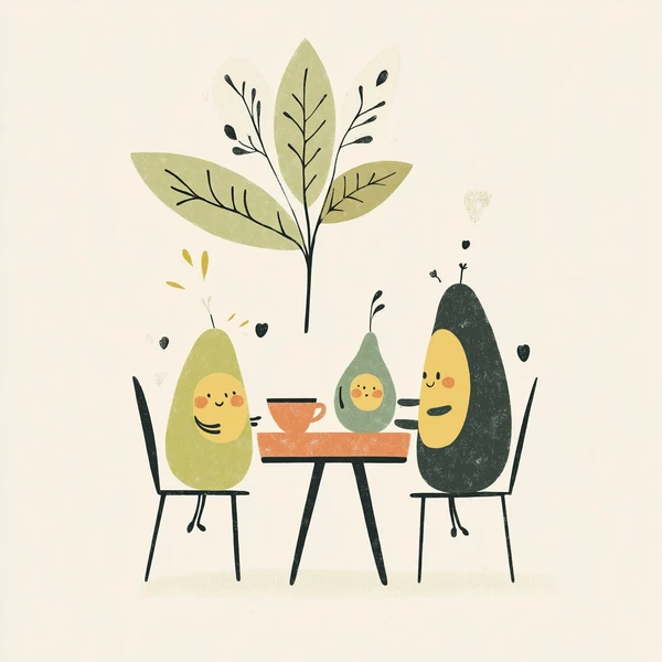 Happy Avocado Family Enjoys Morning Coffee