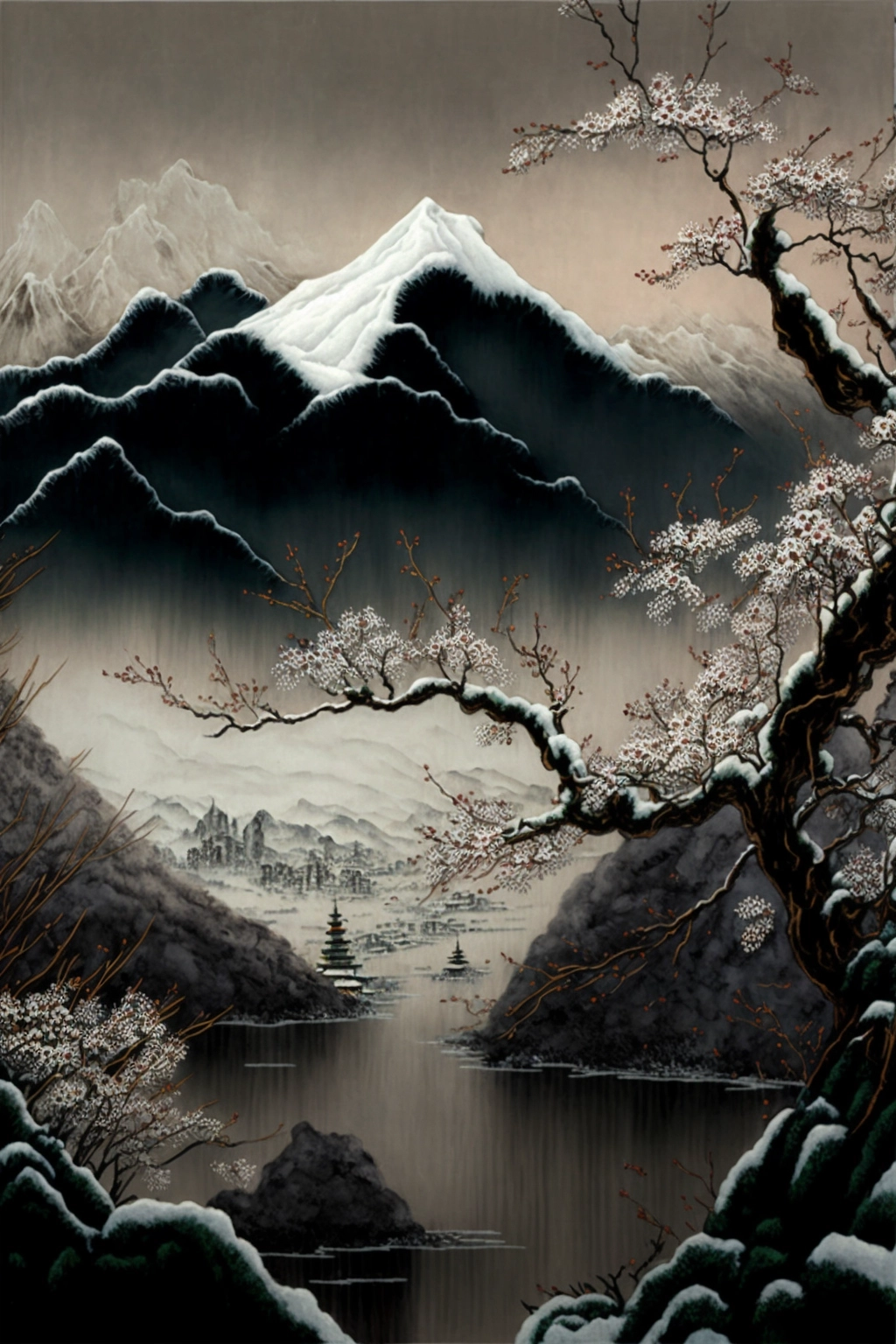 8K Chinese Mountain Painting: Snowy Plum Blossom Scenery