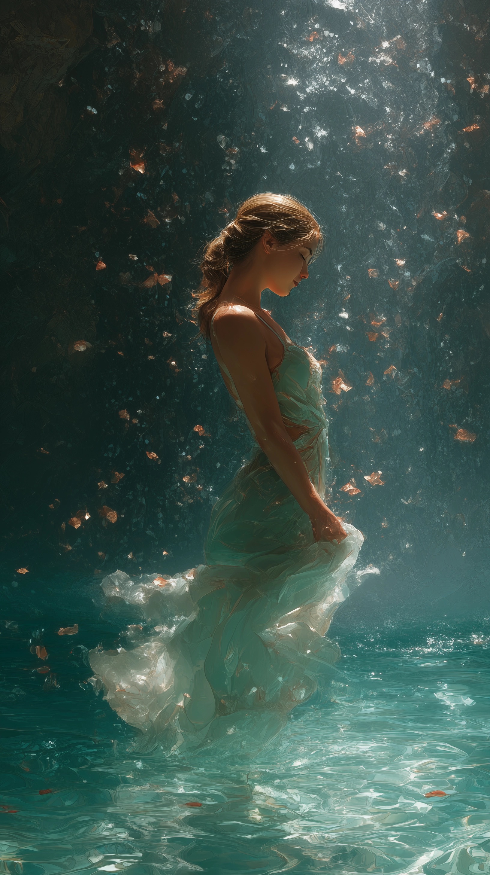 Radiant Beauty Under a Stunning Waterfall