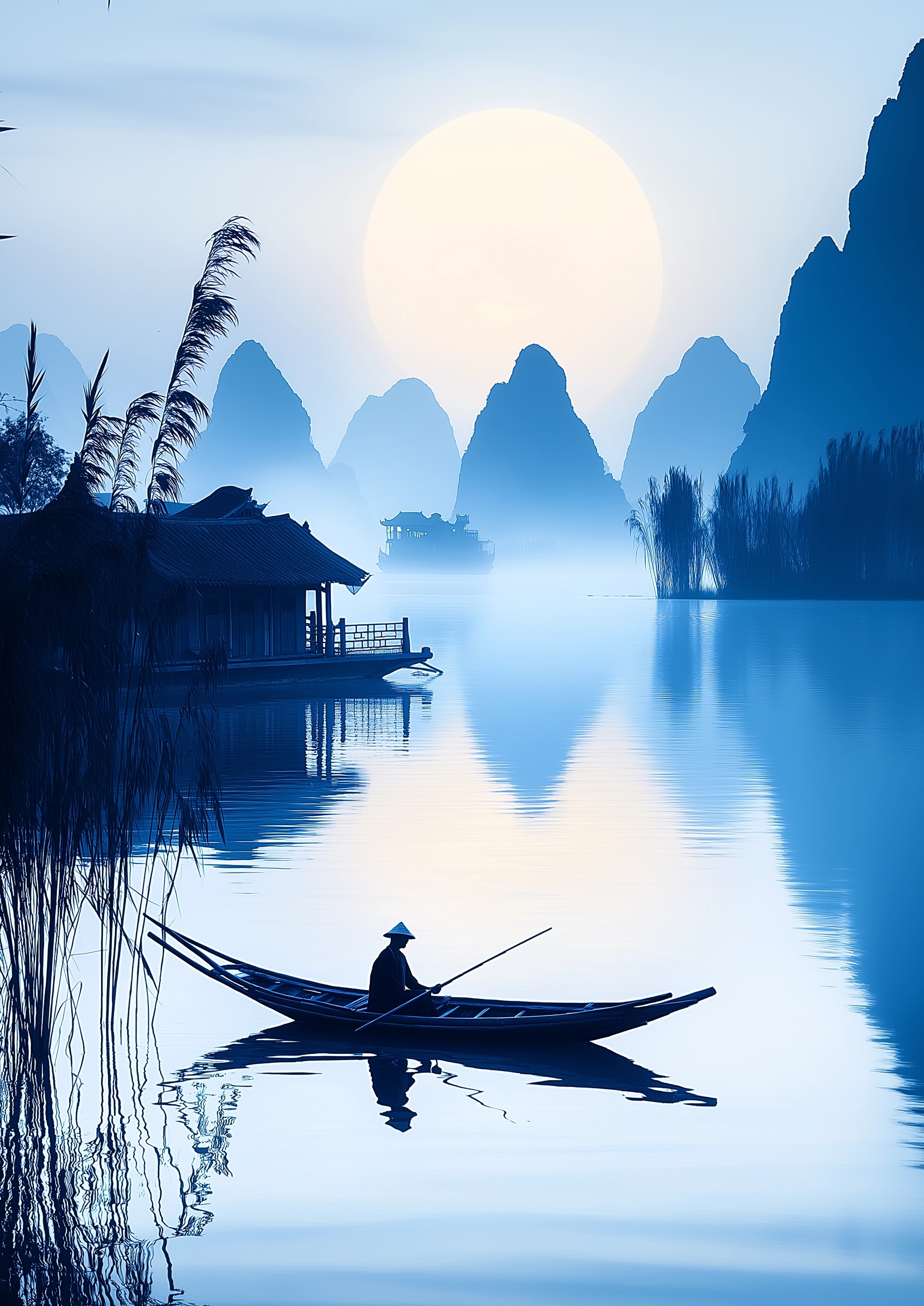 Tranquil Chinese Ink Painting: Fisherman at Sunset