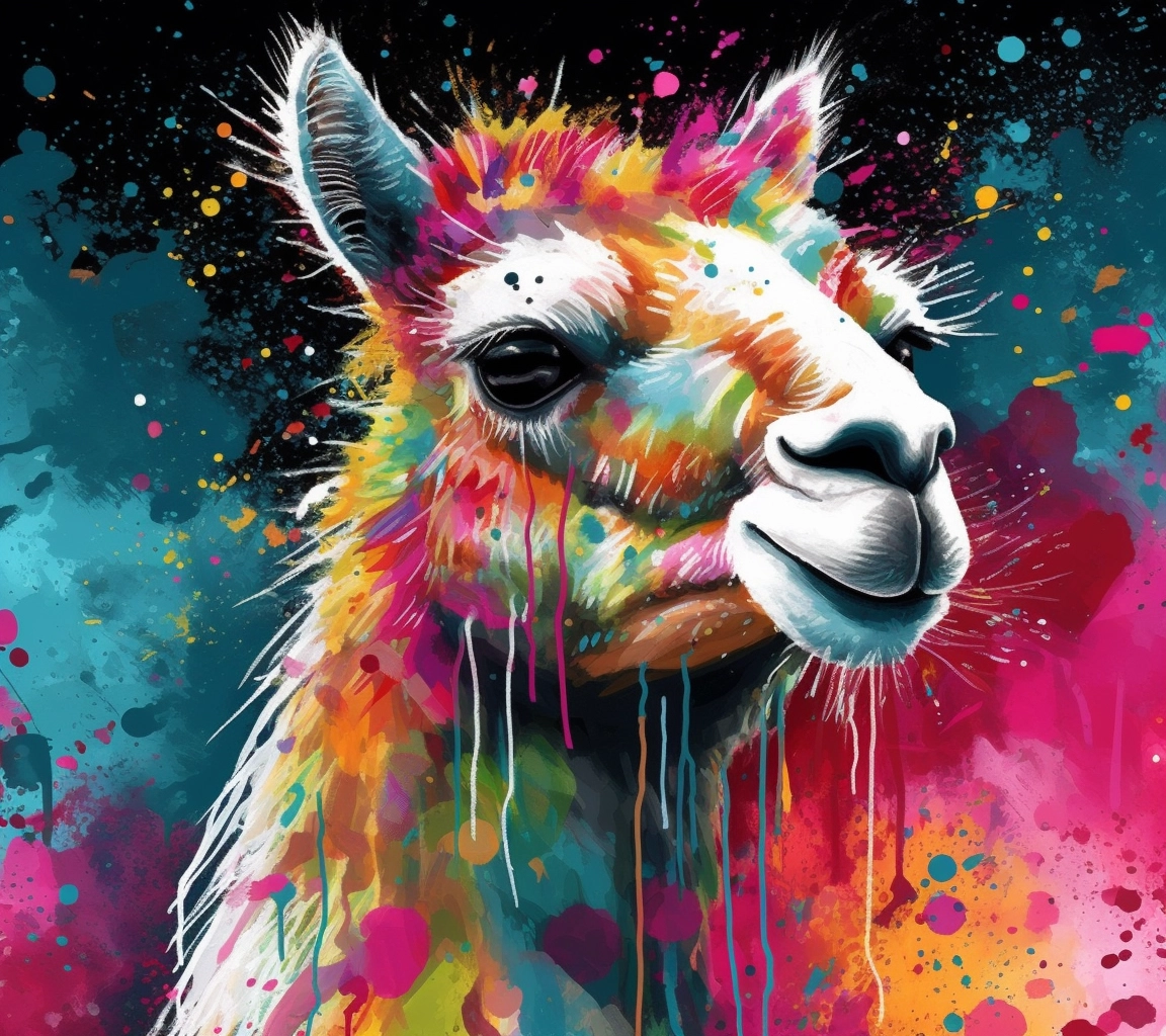 Lisa Frank Style Llama with Splatter Background