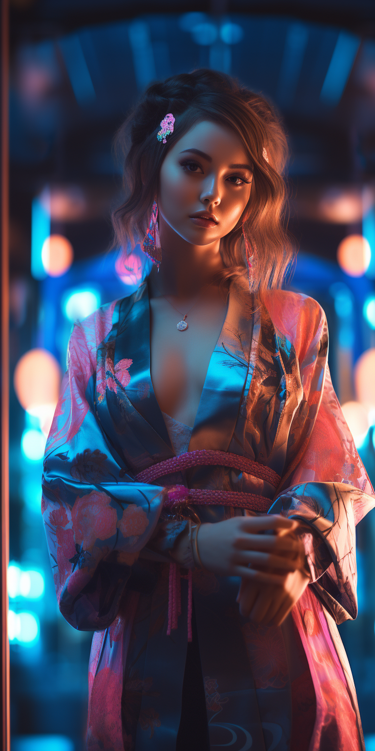 Neon Cyberpunk: Stunning Lady in Elaborate Kimono - Professional Photograph