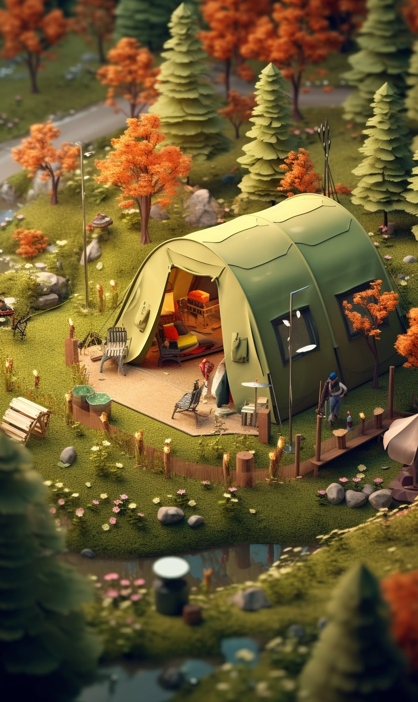 Spring Camping: Isometric Tent Scene with Wildlife