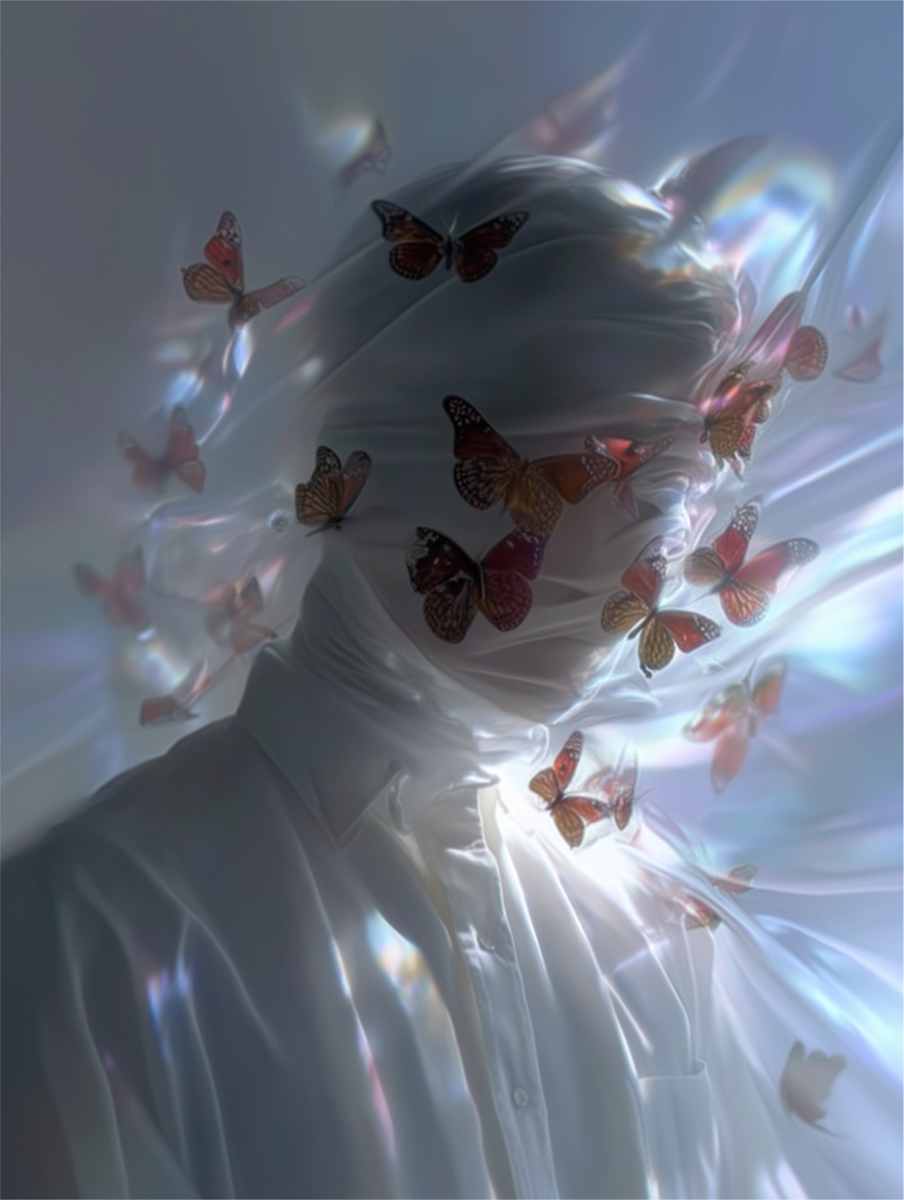 Surreal Man with Red Butterflies in White Cloth