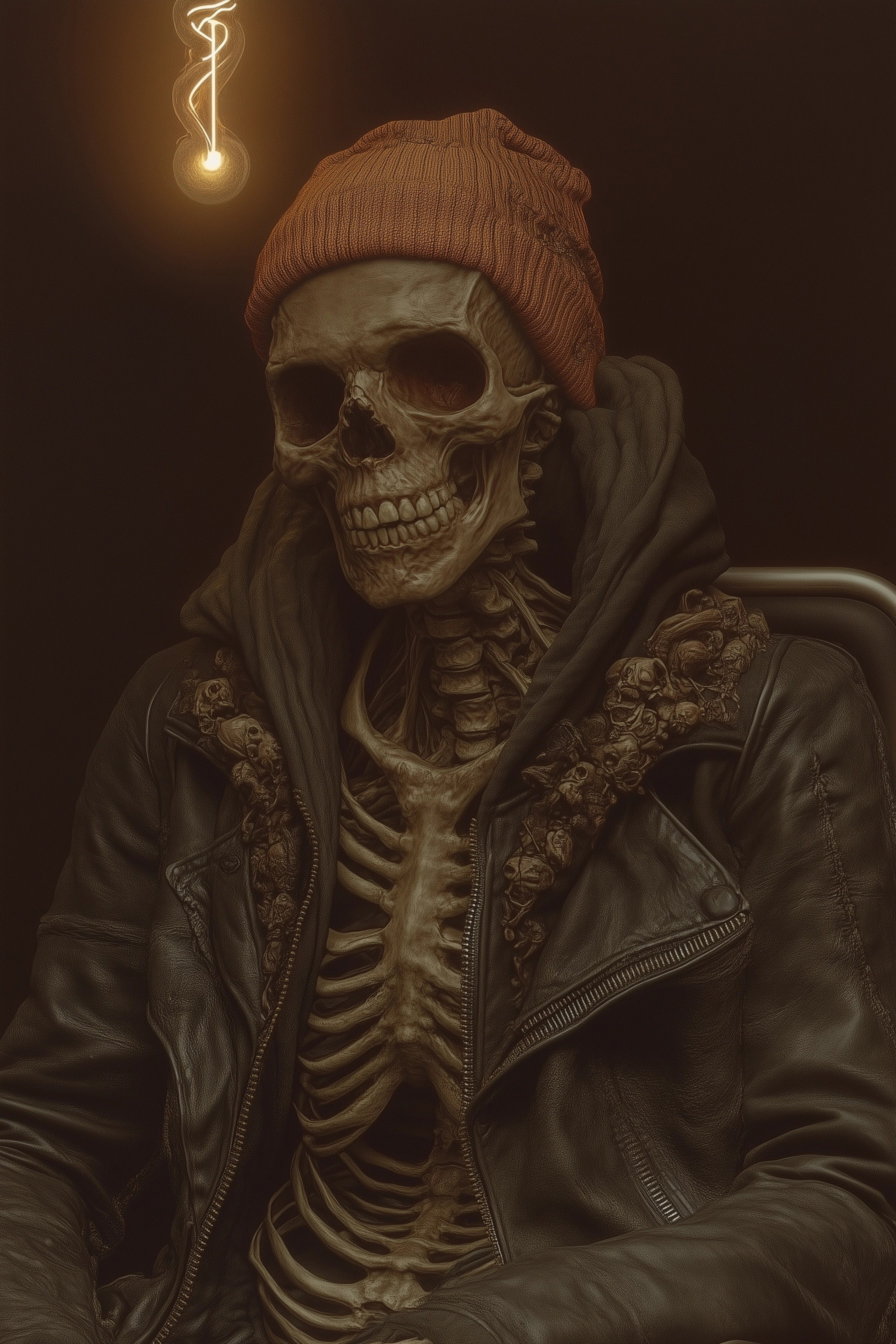 Chill Skeleton: Leather, Beanie & Neon Vibes