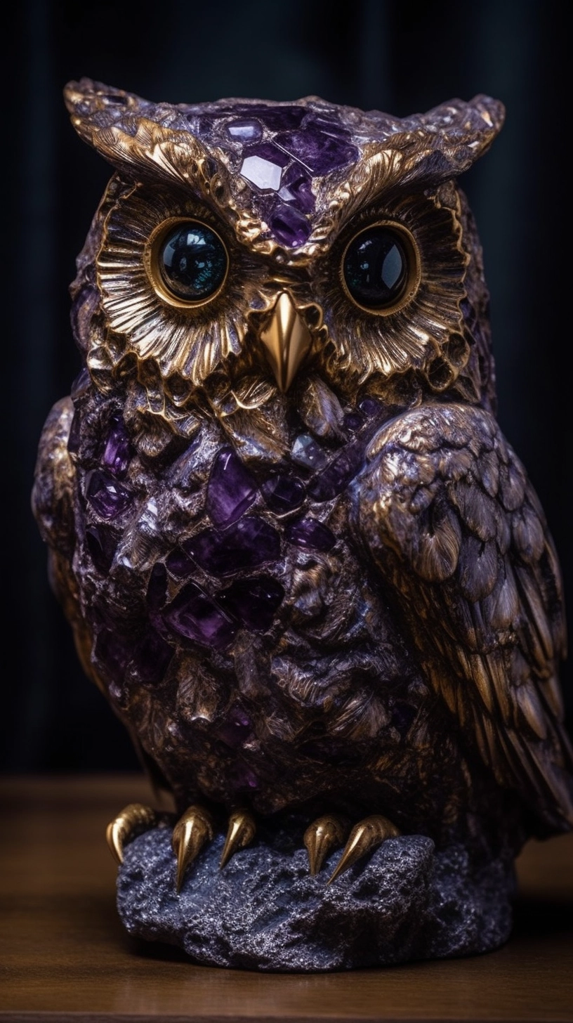 Superb Owl Amethyst Geode Sculpture with Sparkling Crystal Reflections