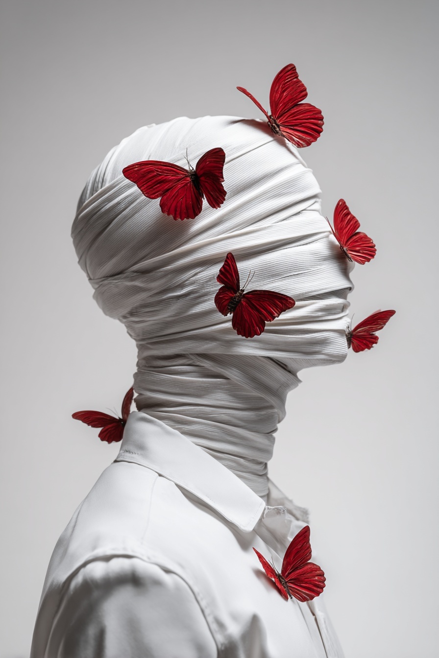 Striking Portrait: Bandaged Face & Red Butterflies