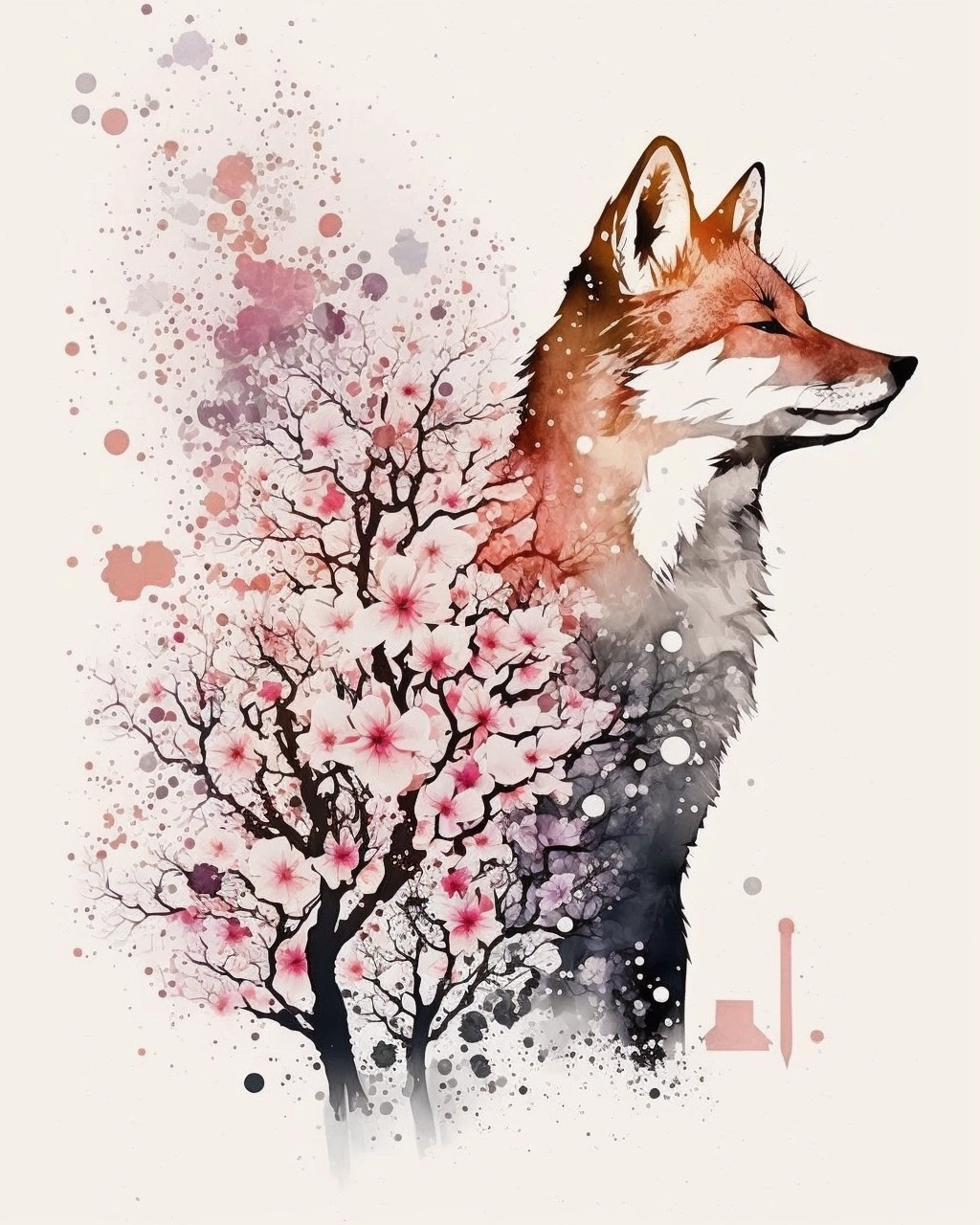 Sakura Fox Watercolor Art: Minimalist Style