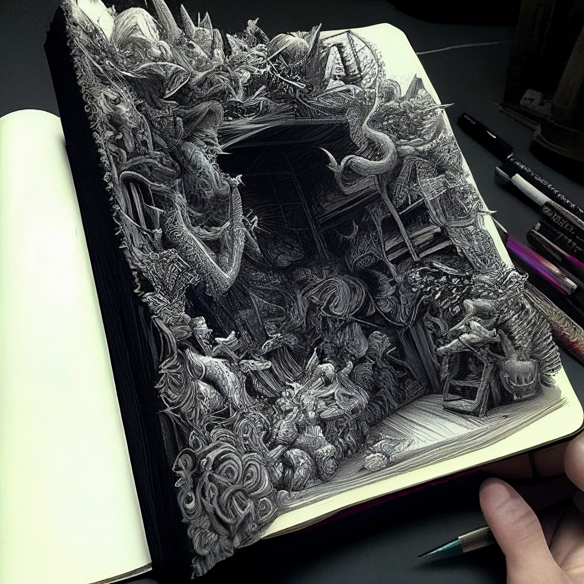 Kim Jung Gi's Intricate 3D Sketchbook in Black and White