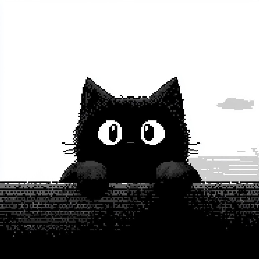 Silhouetted Pixel Cat Peeking Over Border Line