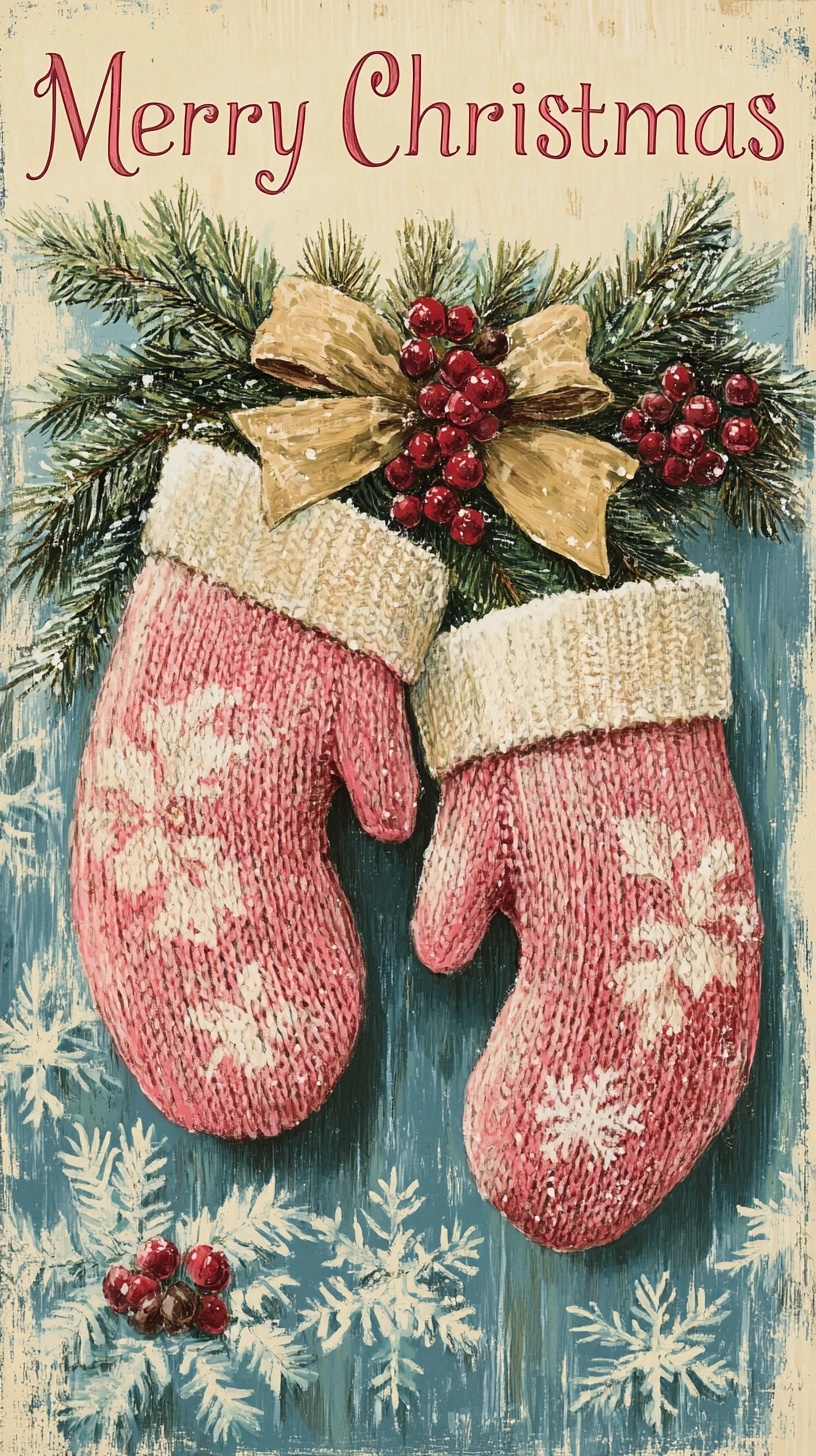 Vintage Christmas Knitted Gloves Illustration