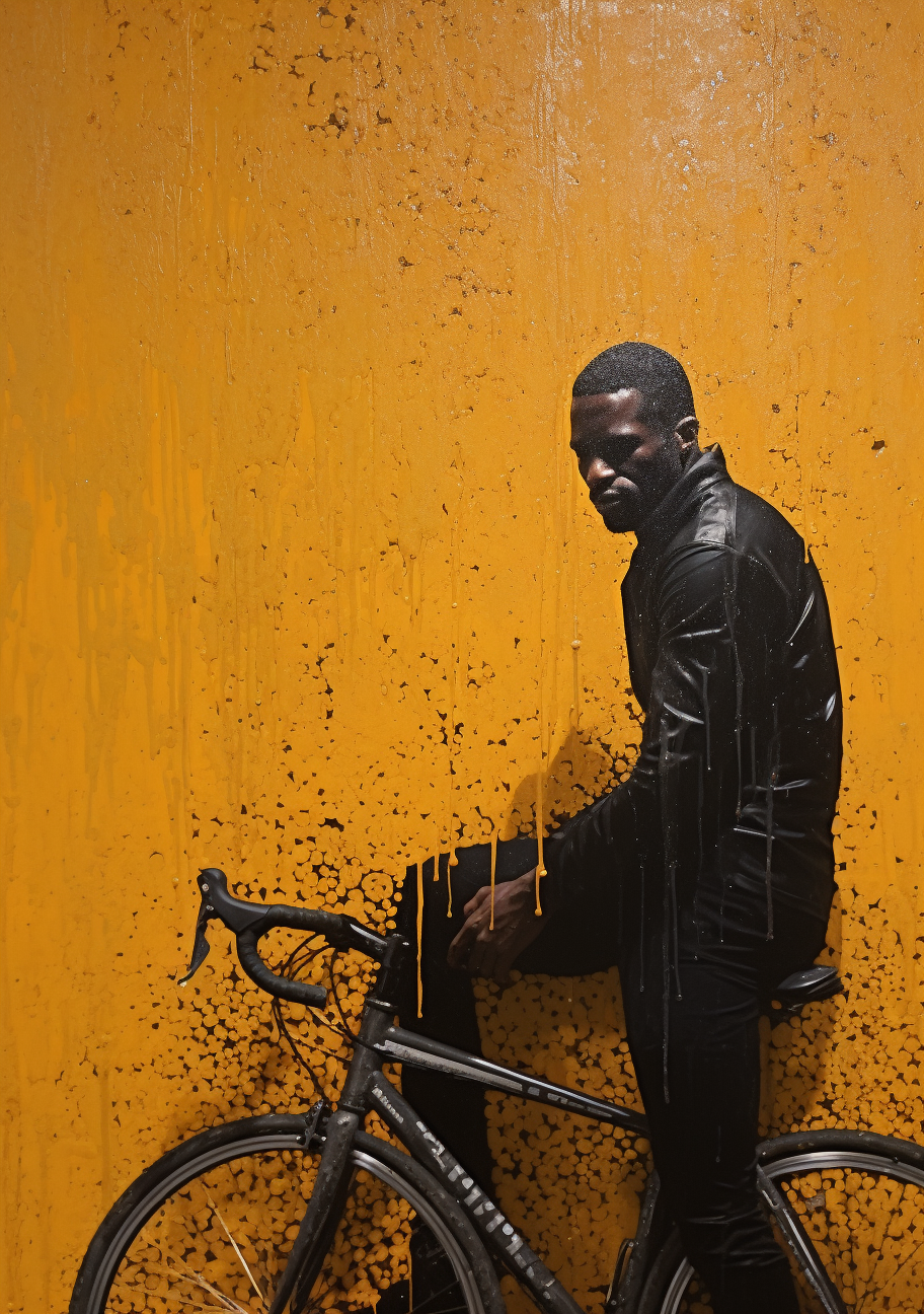 Abstract Portrait: Black Man Leaning on Bike with Gold and Glitter Textured Background