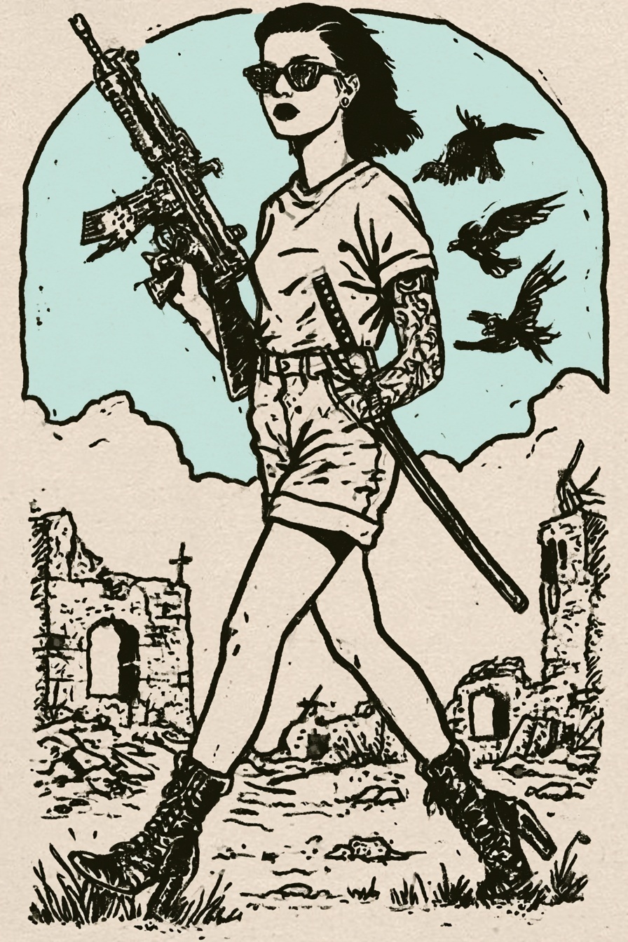 Fierce Beauty: Warrior in Ruins with Steely Gaze
