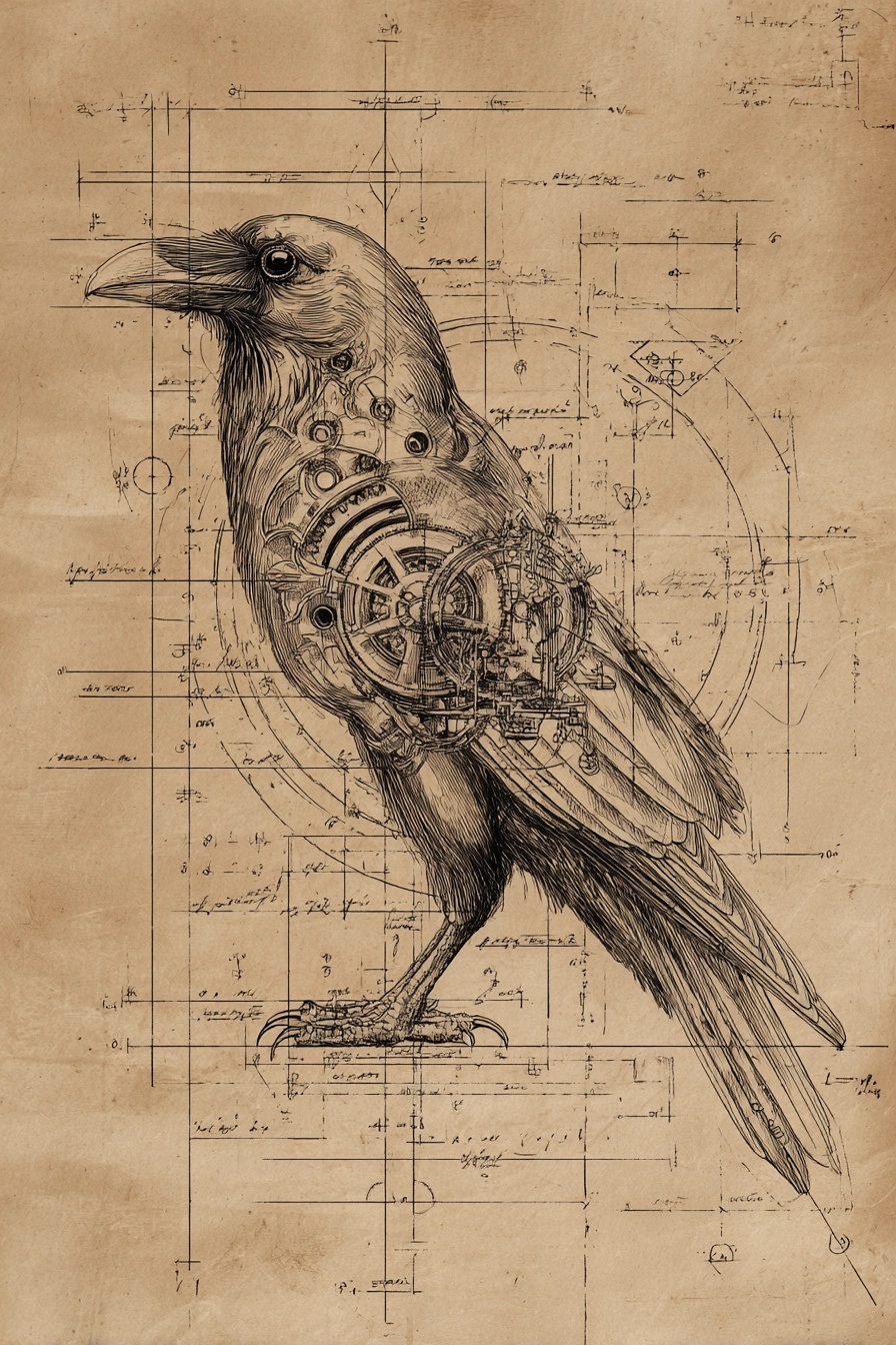 Vintage Mechanical Raven Blueprint Design