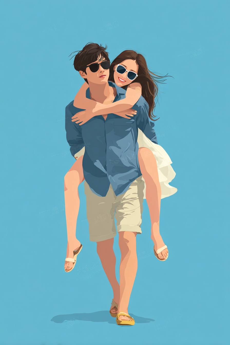 Summer Romance: Playful Couple in Flat Art Style