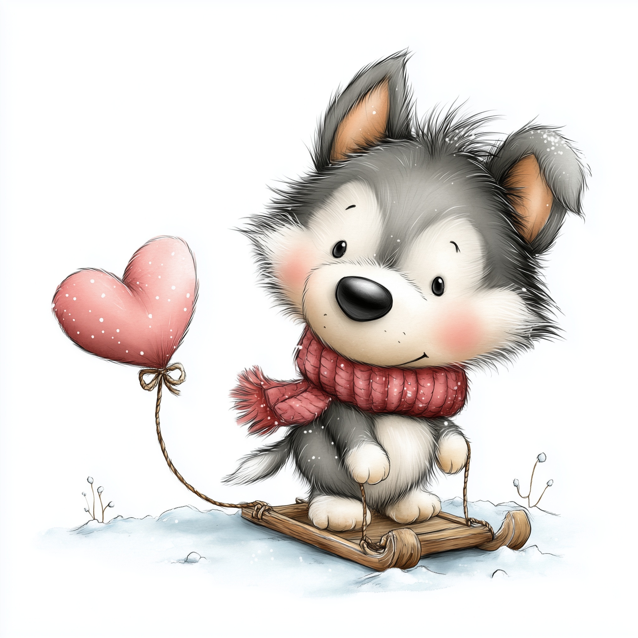 Siberian Husky Puppy with Heart-Shaped Sled