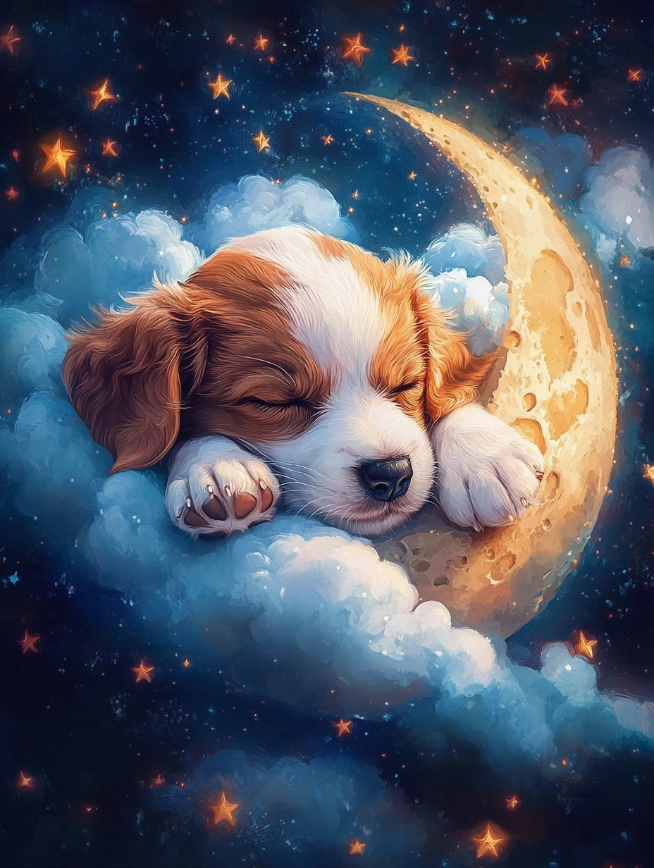 Dreamy Puppy on the Moon: 3D Diamond Art