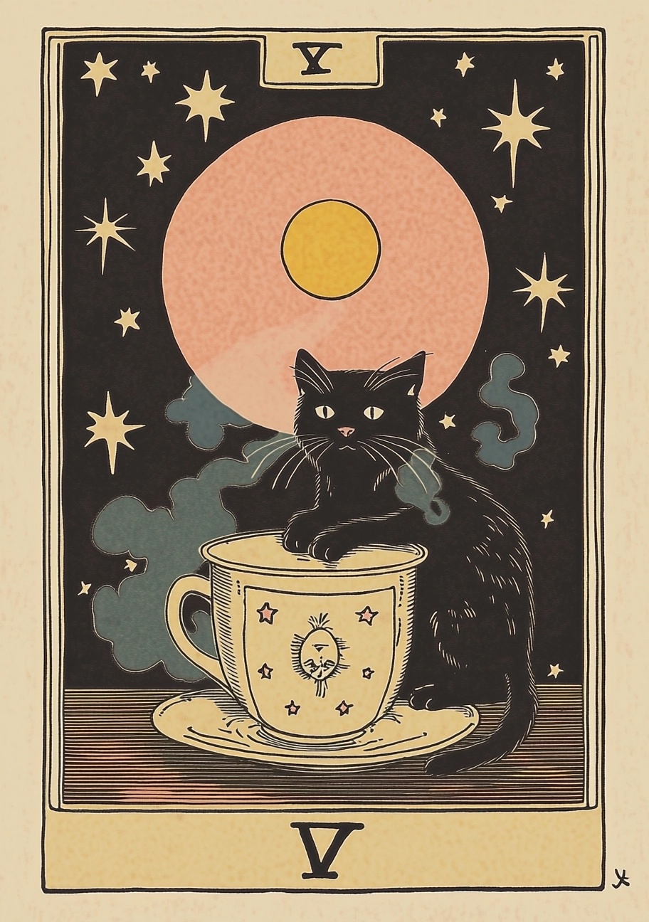 Vintage Tarot Art: White Cat with Coffee & Moon