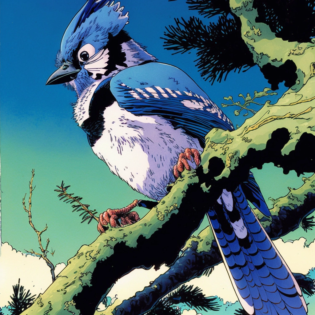 Colorful Ink Illustration of Majestic Bluejay in Lush Forest