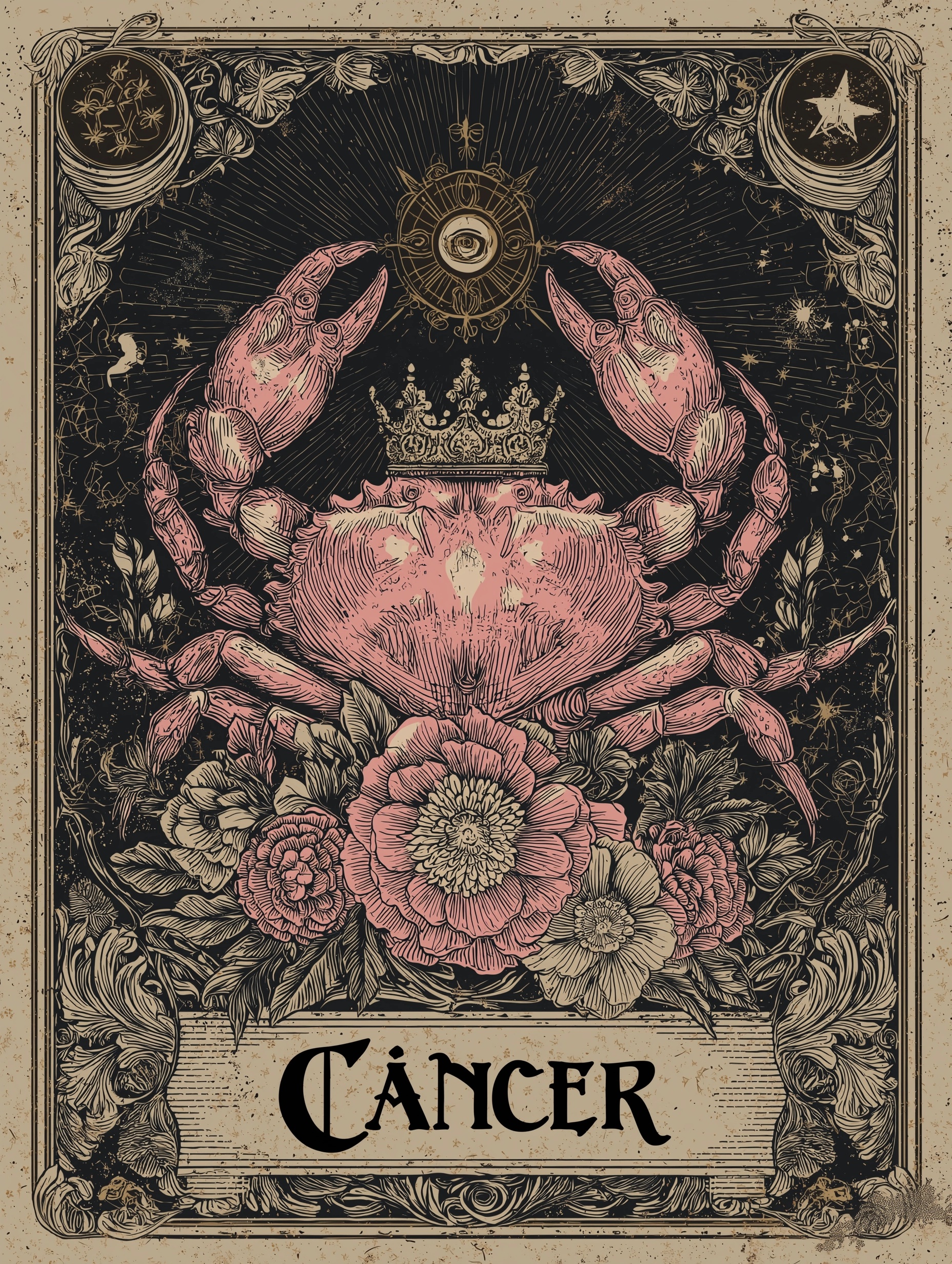 Elegant Vintage Cancer Zodiac Poster with Crown