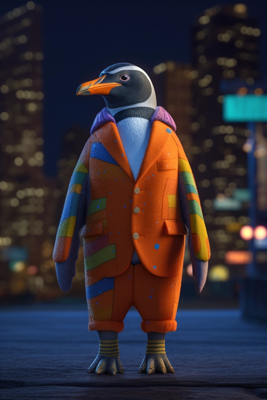 Surrealistic Penguin in Beach Suit at Night - UHD Image