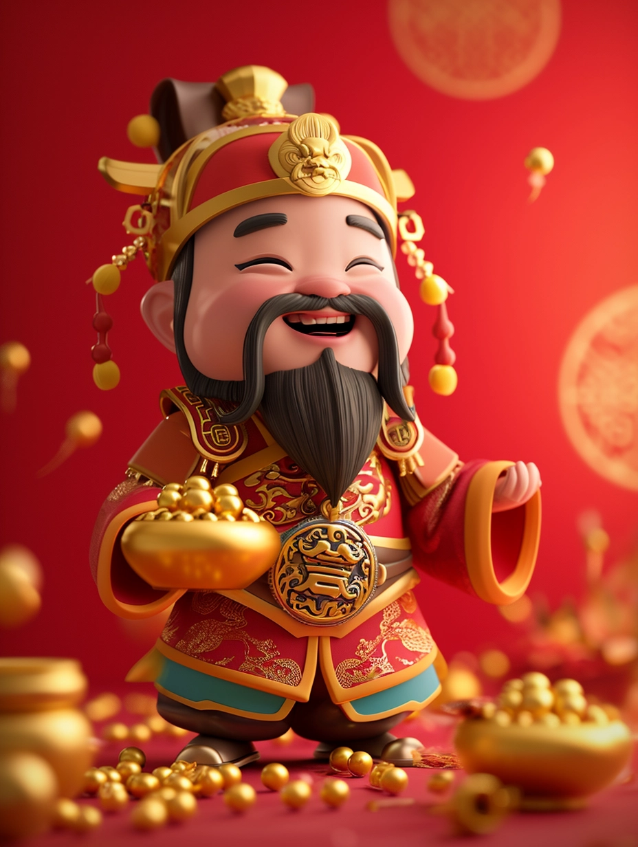 Smiling Chinese God: Wealth and Gold - Cute, Minimalist 3D Portrait