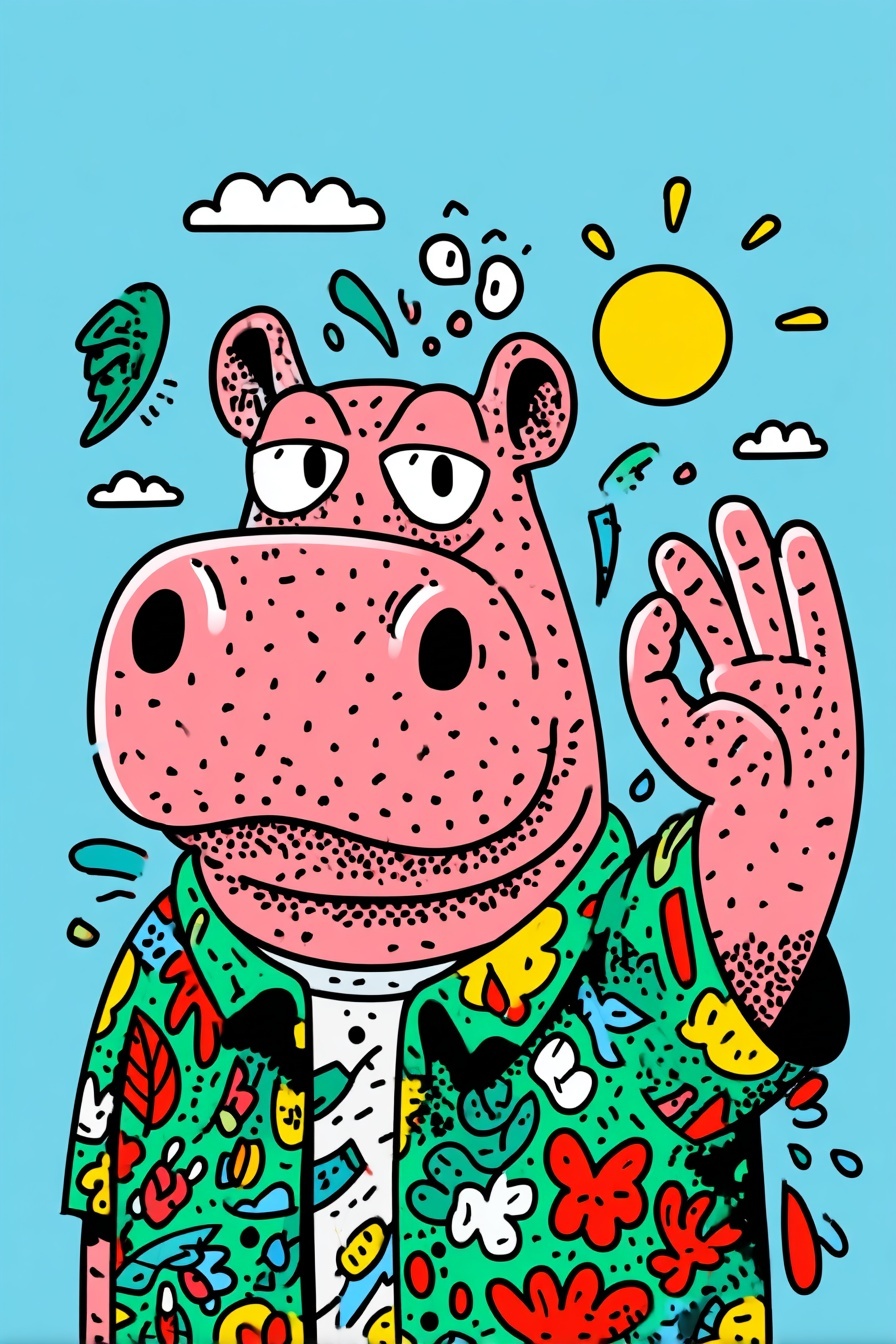 Tired Hippo with OK Gesture on Light Background