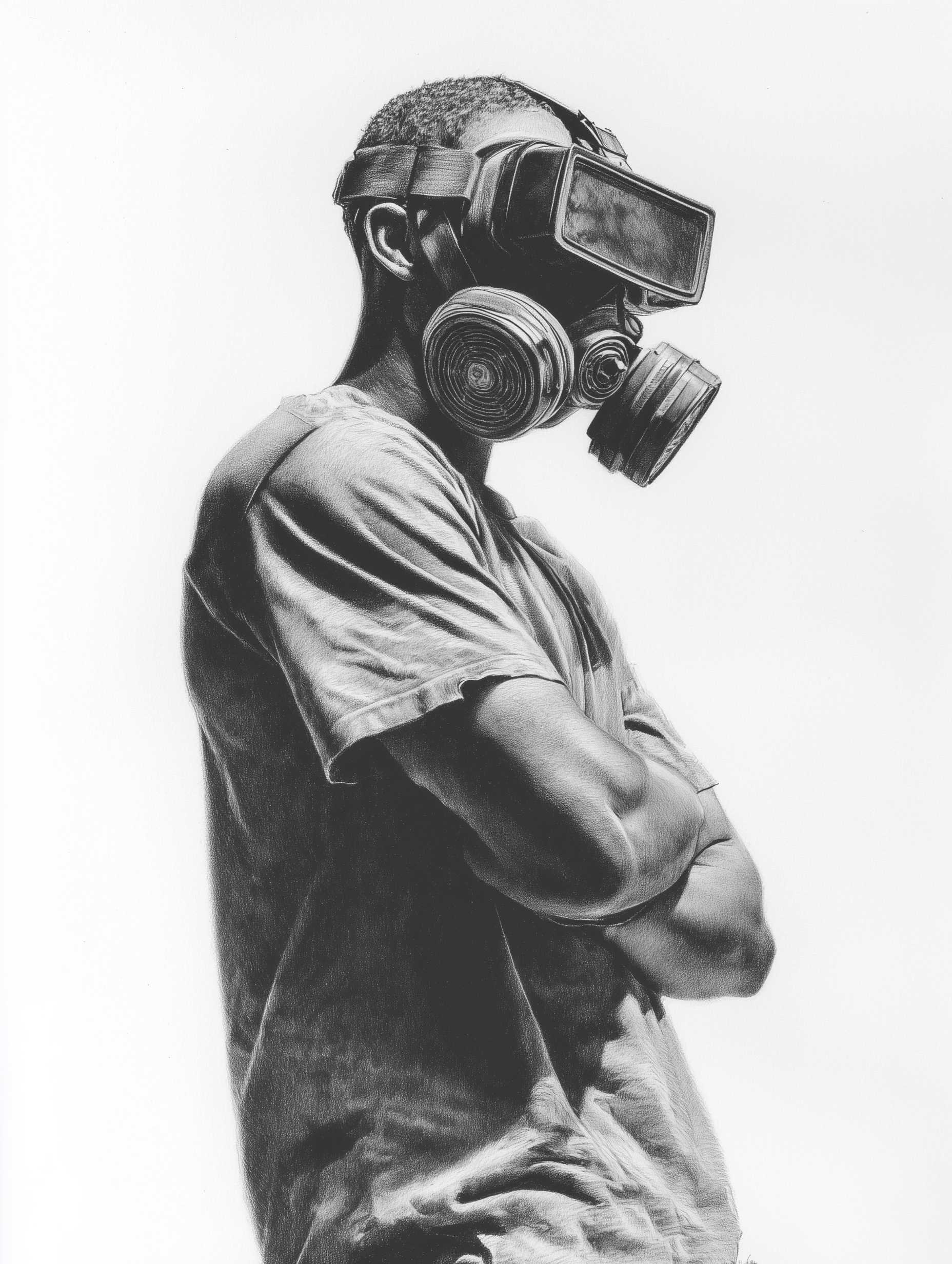 Hyper-Realistic Portrait: Man in Gas Mask & VR Goggles