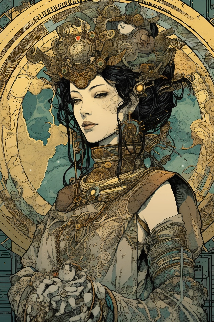 Baroness in Biopunk Robe: Vintage Tarot Portrait