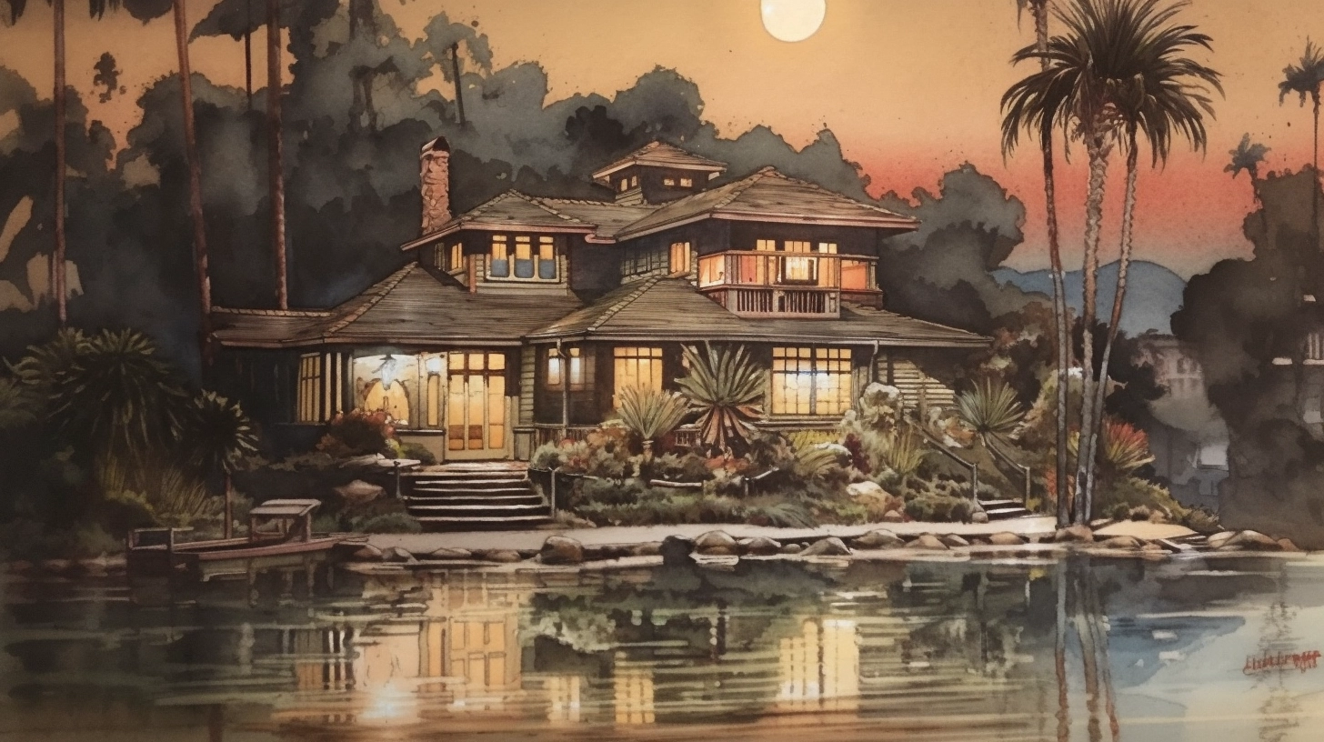 Craftsman Bungalow on Lake at Dusk