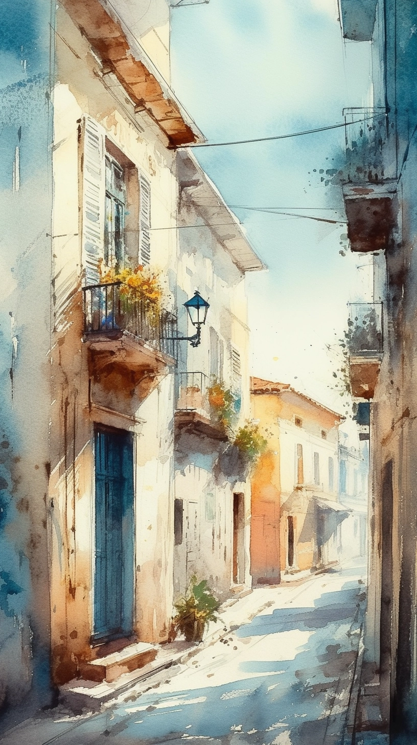 Dreamy Greek Town in Teal Watercolor