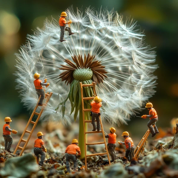 Whimsical Dandelion Scene with Miniature Builders