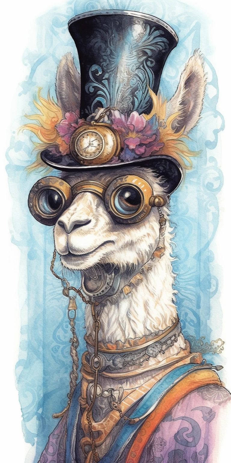 Steampunk Rococo Llama Art: Pale Pastel Watercolors