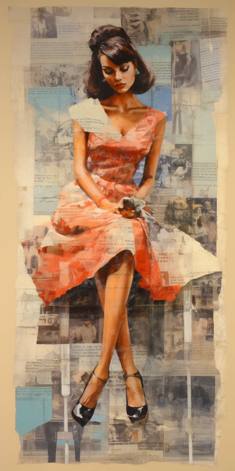 1950's Woman: Textured Mixed Media Painting with Newspaper Collage