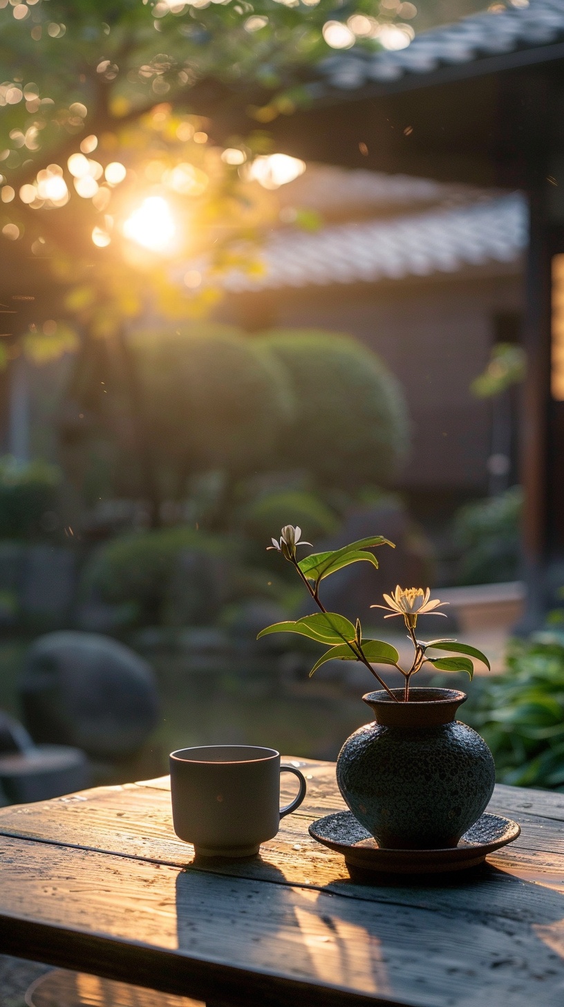 Zen Garden Sunrise: Coffee and Flowers