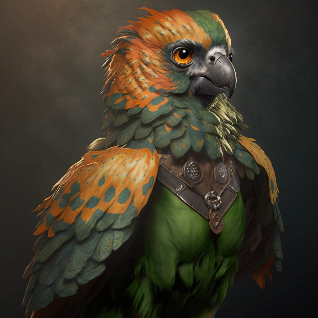 Realistic Aarakocra with Green Eyes & Orange Feathers