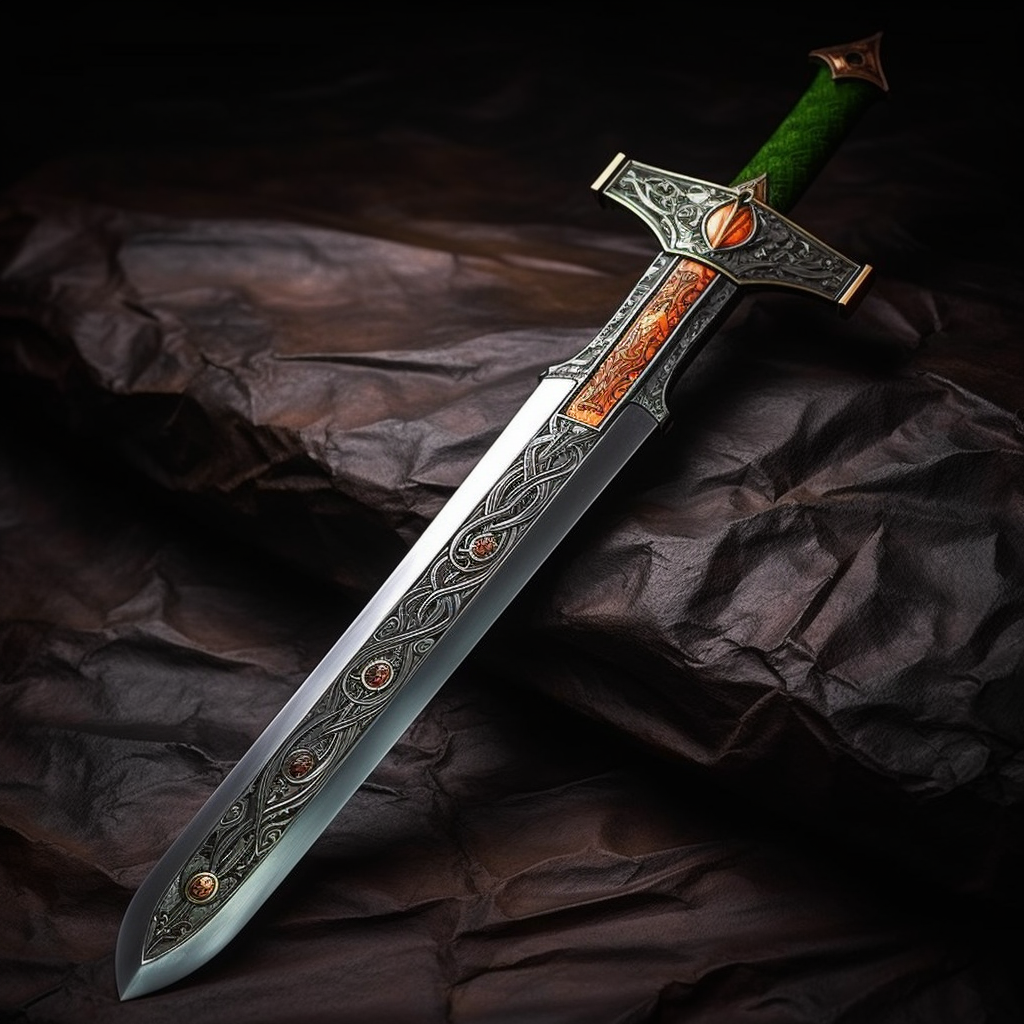 Crafted Viking-Knight Sword: Glowing Rune Engravings and Peridot Lion Pommel