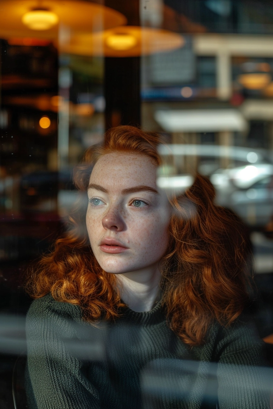 Moody Redhead in Modern Cafe: Vivian Maier-inspired Candid Shot 2023