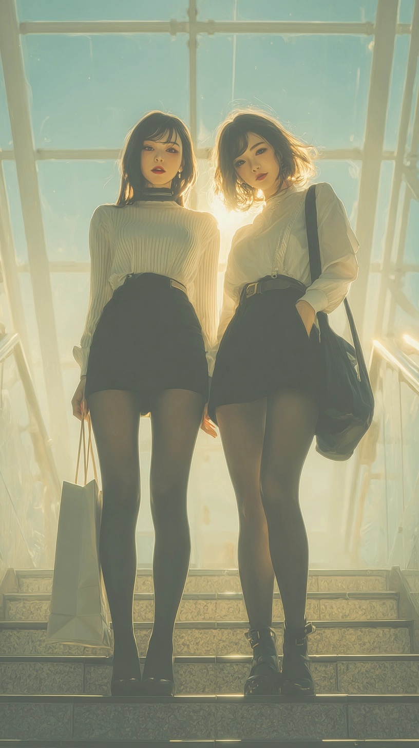 Stylish Duo: Vibrant Shopping Mall Portrait