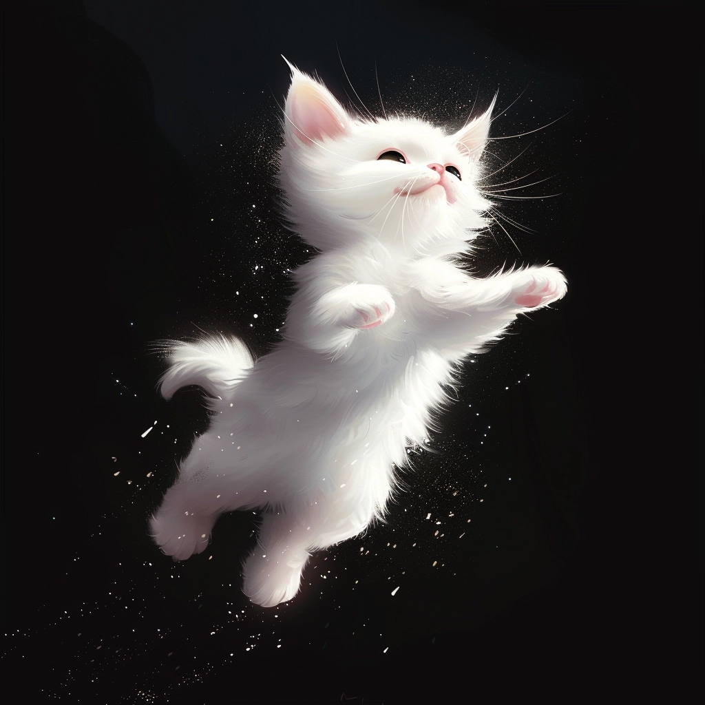 Magical White Cat Jumping with Curious Expression