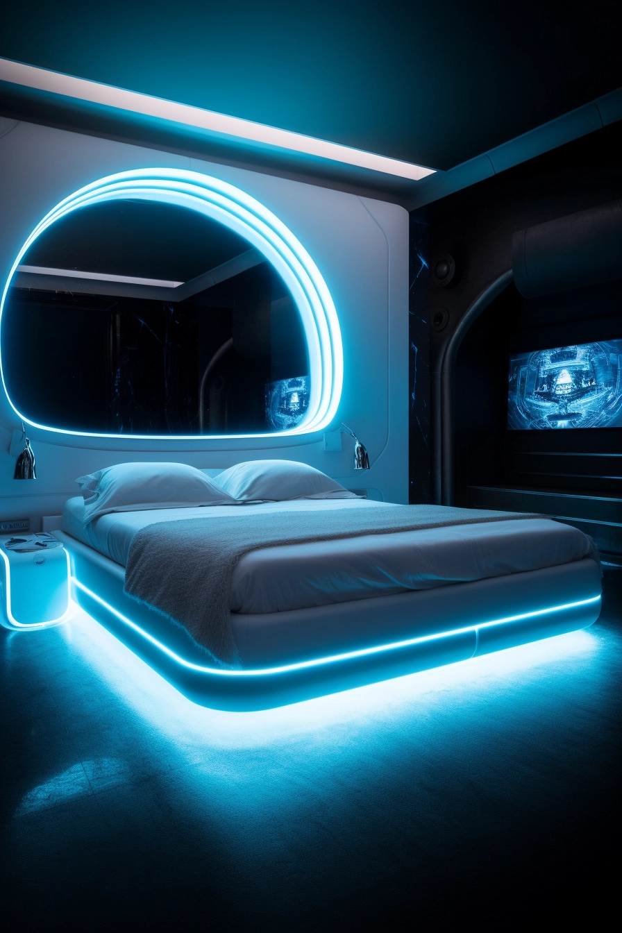 Futuristic Bedroom Decor with White Fluffy Bed