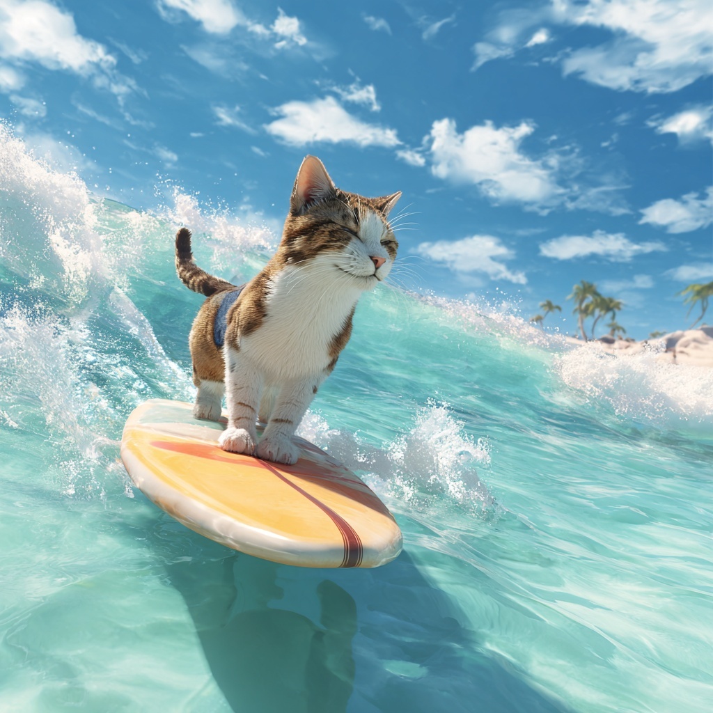Surfer Cat Rides Waves Toward Scenic Beach