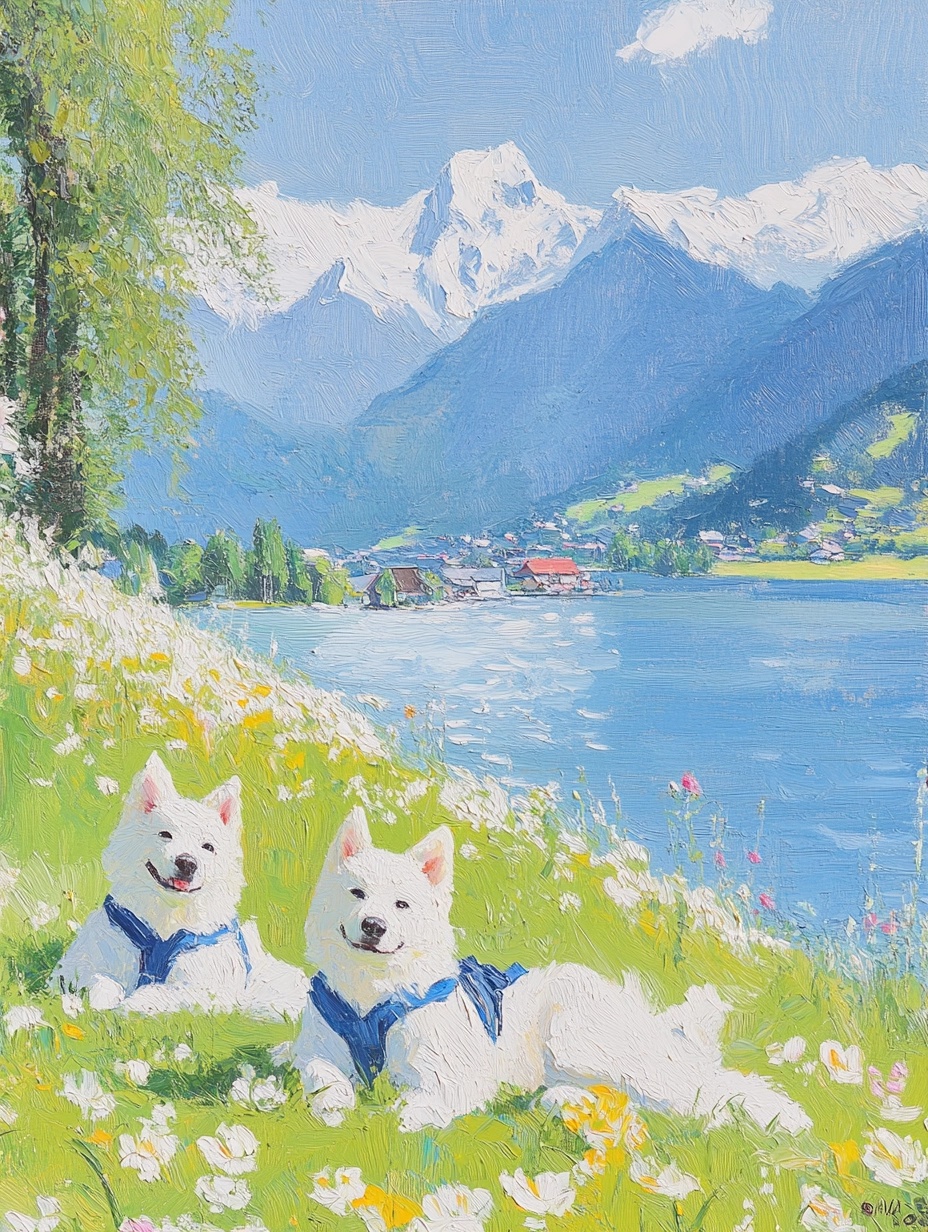 Charming Akitas at Lake Lisa in Stunning Landscape