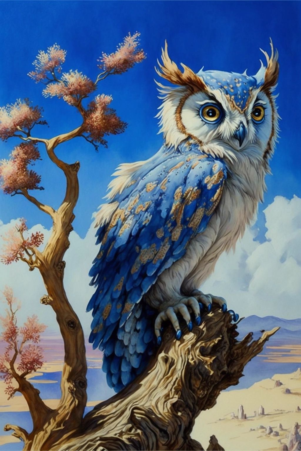 Dragon Owl: Peaceful Watercolor in Blue Sky